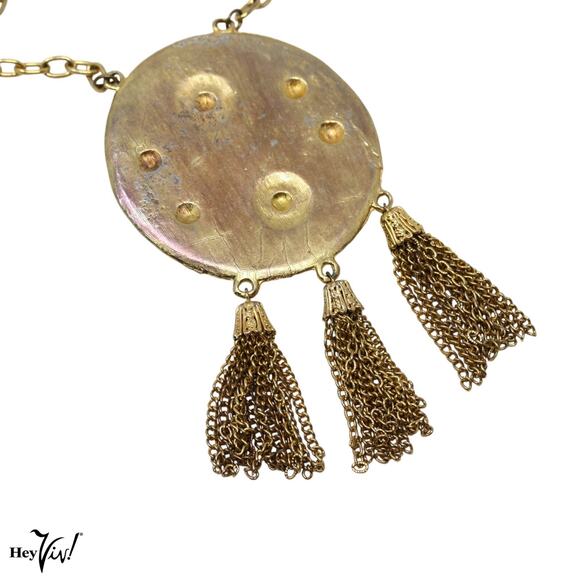 Vintage Necklace Large 3" Medallion Statement Chunky Piece Chain Fringe -Hey Viv - Picture 4 of 6
